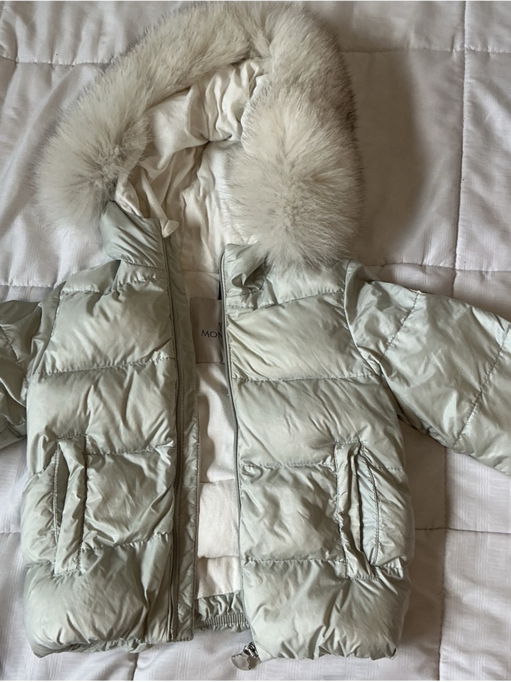Moncler Kids Light Silver Puffer Jacket with Fur-Trim Hood